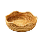 Amololo Handmade Rattan Round Fruit Basket Food Storage Bowls Kitchen Organizer Snack Serving Bowl Wavy Edge Circle Tray Basket,