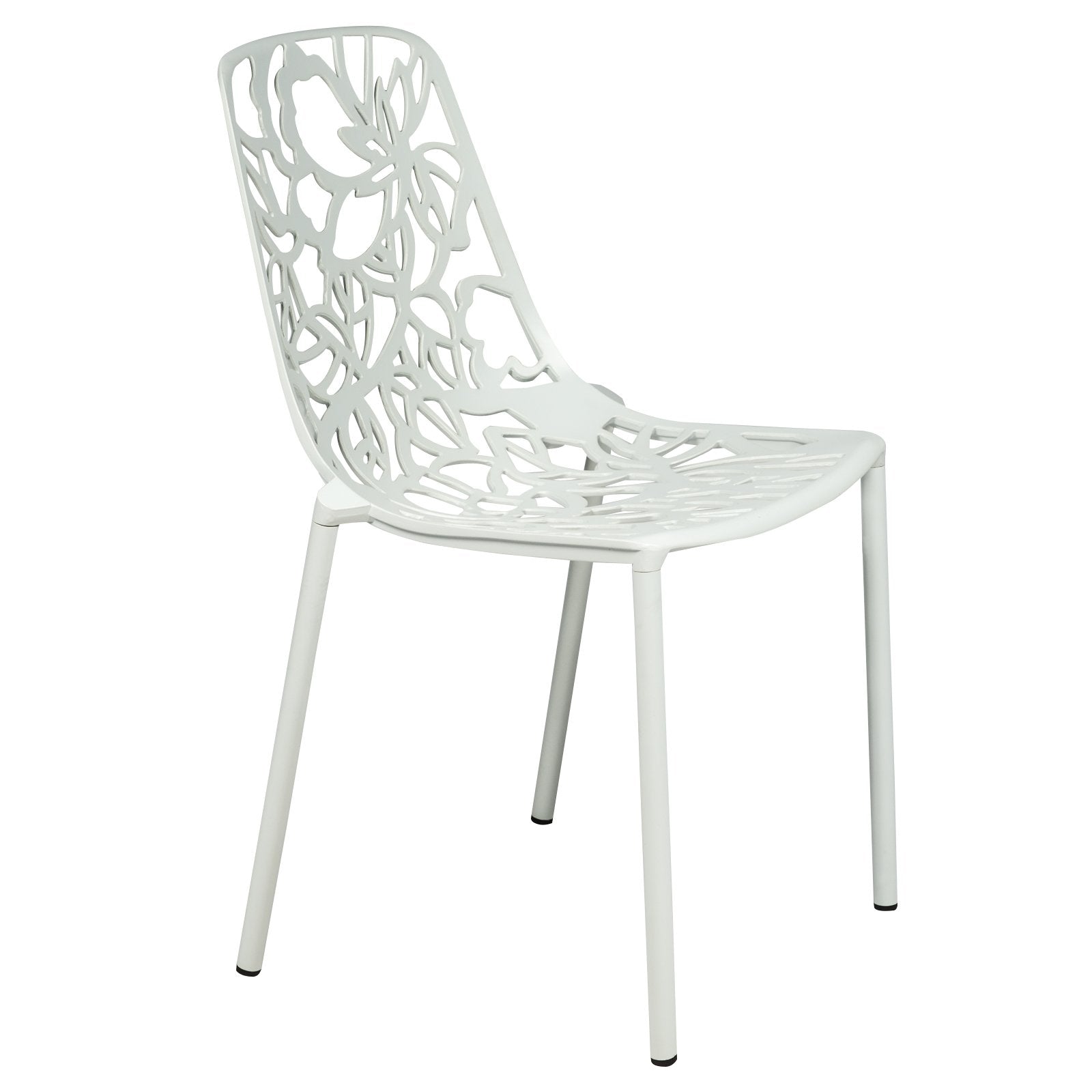 LeisureMod Aluminum Stackable Dining Chair with Floral Cutout Design, White Patio Side Chair for Indoor & Outdoor Use