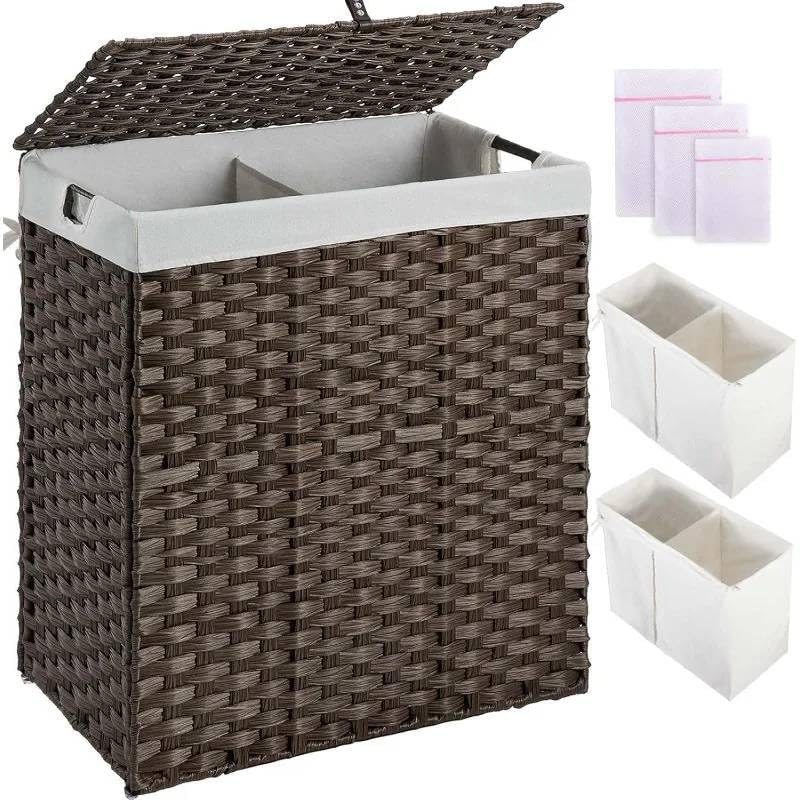 Mann Martarge 110L Foldable Wicker Laundry Hamper with Lid & 2 Removable Liner Bags  Easy Setup, No Installation Needed