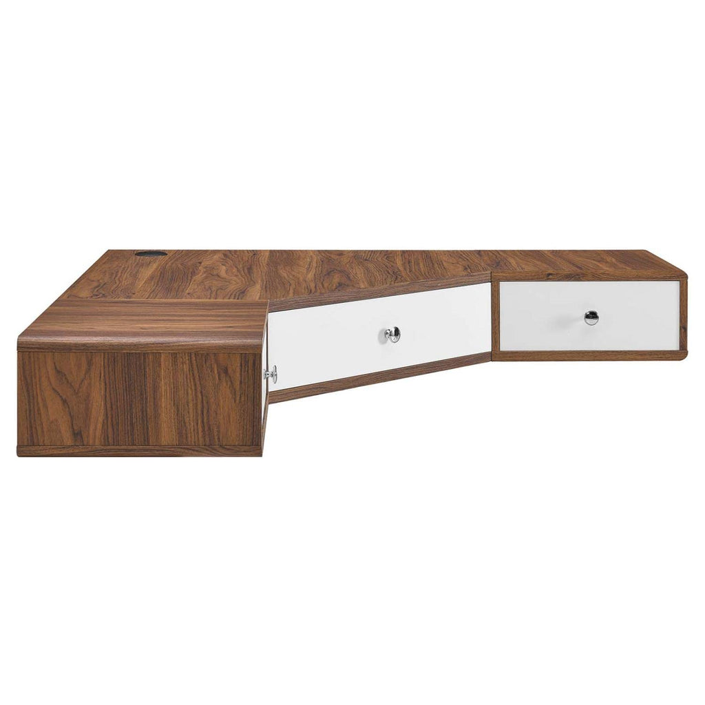Modway Transmit 47" Wall Mount Corner Wood Office Desk in Walnut/White