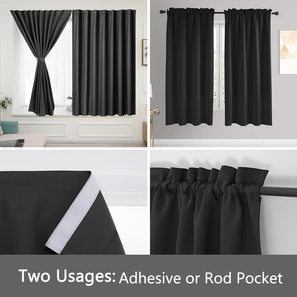 Muamar 2Pcs Self Adhesive 100% Blackout Curtains For Bedroom,Portable Curtains Easy Install, Rental House Curtains Temporary Cur