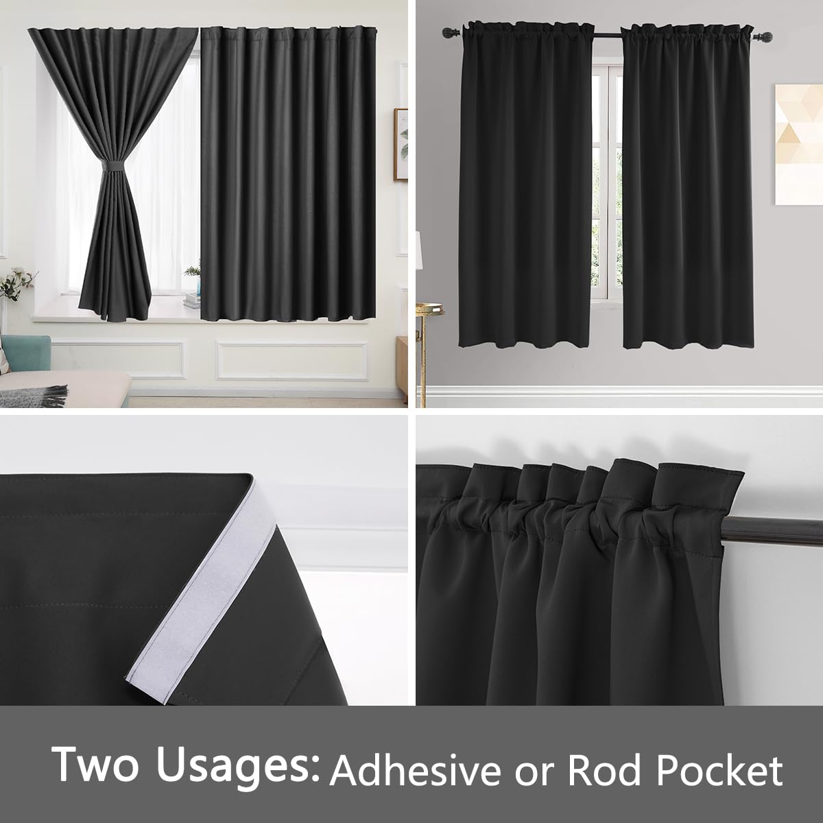 Muamar 2Pcs Self Adhesive 100% Blackout Curtains For Bedroom,Portable Curtains Easy Install, Rental House Curtains Temporary Cur