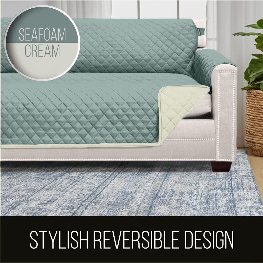 Sofa Shield Patented Couch Cover, Large Furniture Protector With Straps, Reversible Tear And Stain Resistant Slipcovers, Quilted Microfiber 88” Seat, Washable Covers For Dogs, Kids, Seafoam Cream