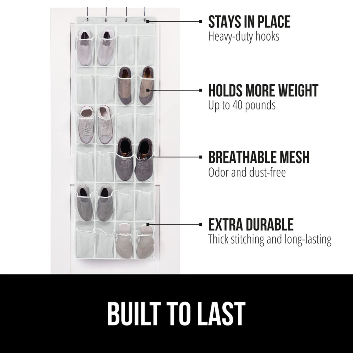 Gorilla Grip Over The Door Shoe Organizer, 2 Pack, 24 Breathable Mesh Pockets, Space Saving Hanging Storage Holder, Closet Rack Hanger Holds Up To 40 Lbs, Hangs On Closets, Shoes, Accessories, White