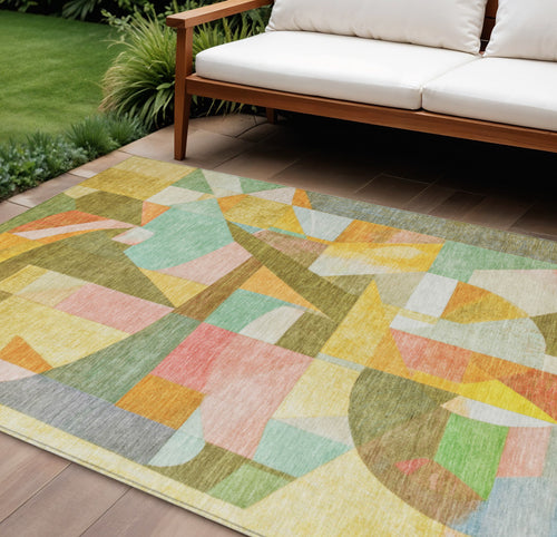 10 X 14 Wheat Orange Green And Ivory Abstract Washable Indoor Outdoor Area Rug