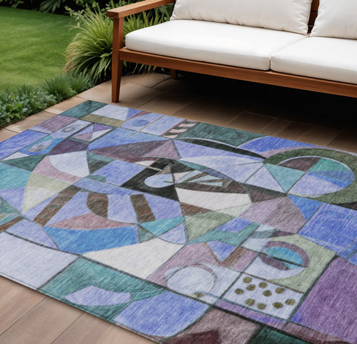 10 X 14 Green Blue Purple And Black Abstract Washable Indoor Outdoor Area Rug