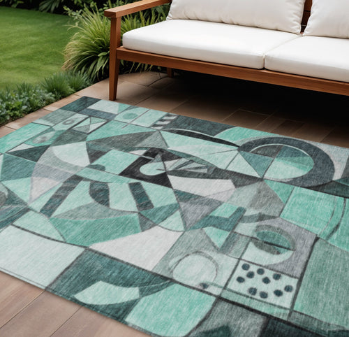 10 X 14 Teal Blue Black Ivory And Gray Abstract Washable Indoor Outdoor Area Rug