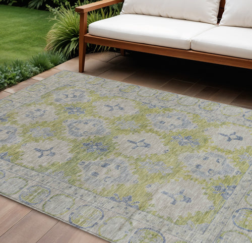 10 X 14 Artichoke Green And Blue Damask Washable Indoor Outdoor Area Rug