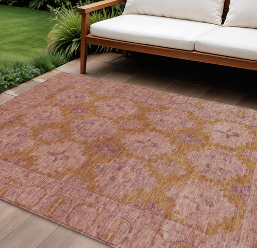 10 X 14 Blush And Orange Damask Washable Indoor Outdoor Area Rug
