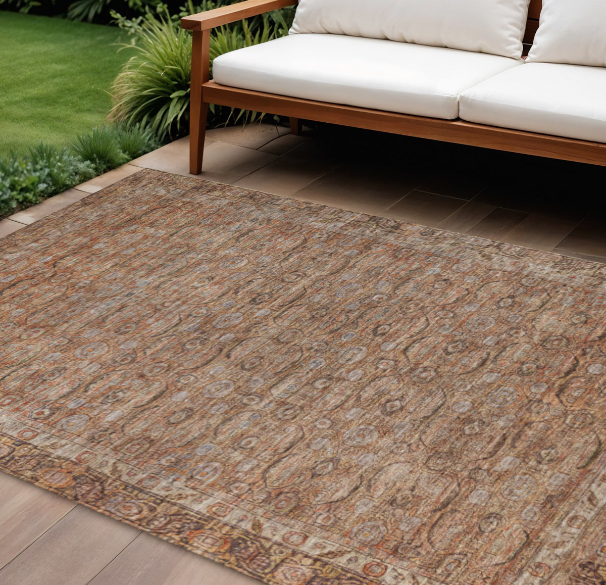 10 X 14 Copper And Peach Floral Washable Indoor Outdoor Area Rug