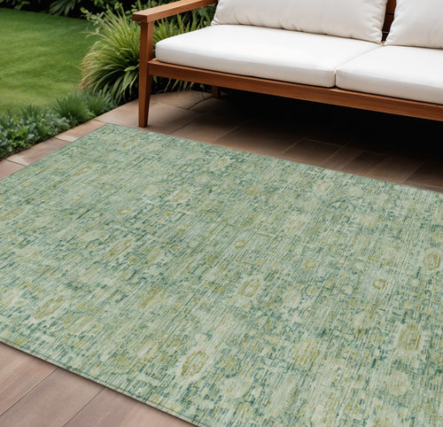 10 X 14 Artichoke Green And Teal Blue Oriental Washable Indoor Outdoor Area Rug