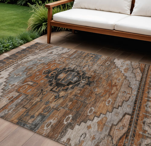 10 X 14 Terra Cotta Rust And Gray Tribal Washable Indoor Outdoor Area Rug