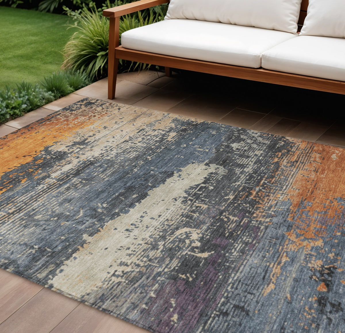 10 X 14 Blue Gray And Orange Abstract Washable Indoor Outdoor Area Rug