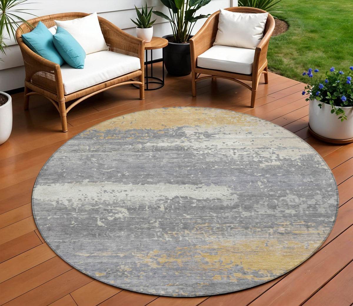 8 Gold Gray And Silver Round Abstract Washable Indoor Outdoor Area Rug