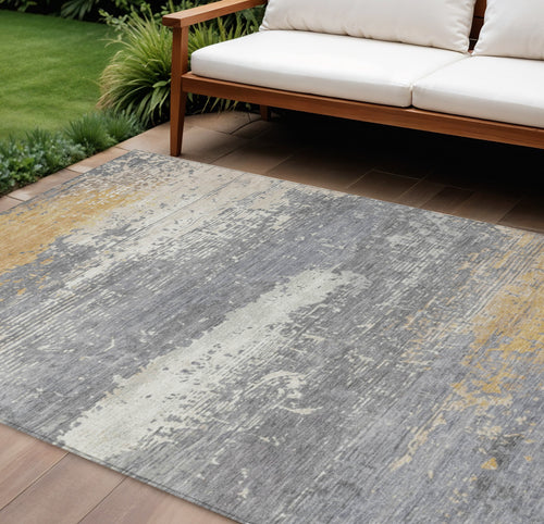10 X 14 Gold Gray And Silver Abstract Washable Indoor Outdoor Area Rug