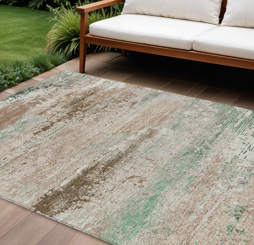 10 X 14 Khaki Beige And Ivory Abstract Washable Indoor Outdoor Area Rug