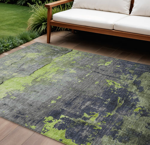 10 X 14 Lime Green Gray And Silver Abstract Washable Indoor Outdoor Area Rug