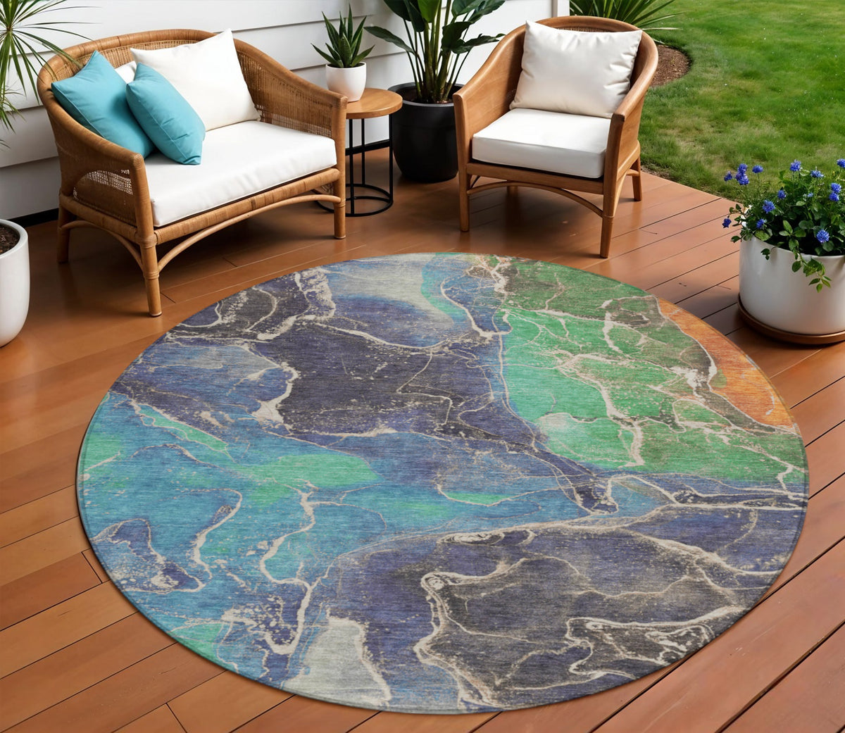 8 Blue Green And Orange Round Abstract Washable Indoor Outdoor Area Rug