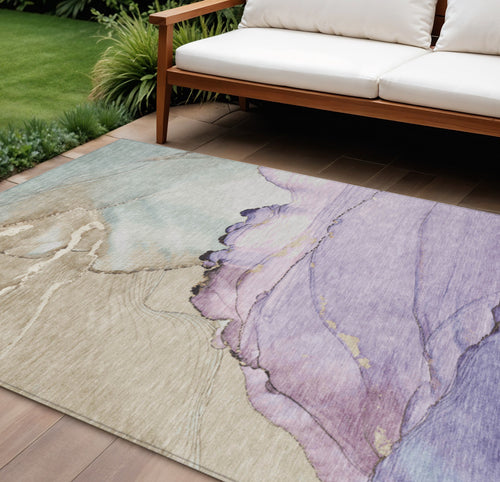 10 X 14 Lavender And Beige Abstract Washable Indoor Outdoor Area Rug