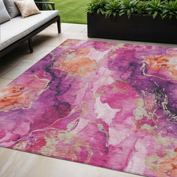 5 X 8 Ruby Red And Purple Abstract Washable Indoor Outdoor Area Rug