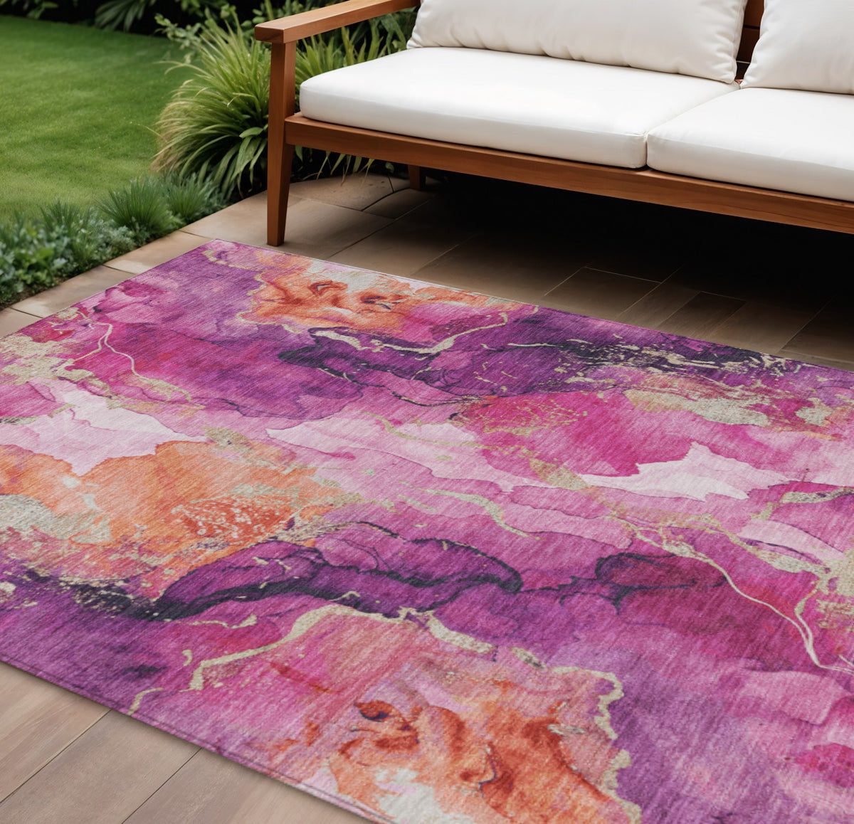 10 X 14 Ruby Red And Purple Abstract Washable Indoor Outdoor Area Rug