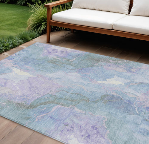 10 X 14 Lavender And Sky Blue Abstract Washable Indoor Outdoor Area Rug