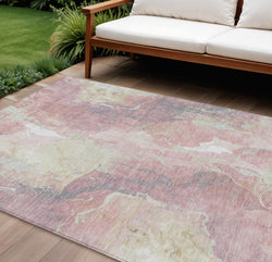 10 X 14 Pink And Beige Abstract Washable Indoor Outdoor Area Rug