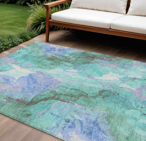 10 X 14 Teal Blue And Mint Green Abstract Washable Indoor Outdoor Area Rug
