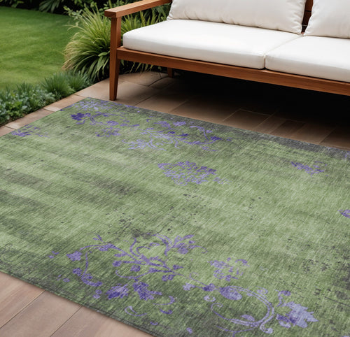 10 X 14 Artichoke Green And Purple Floral Washable Indoor Outdoor Area Rug