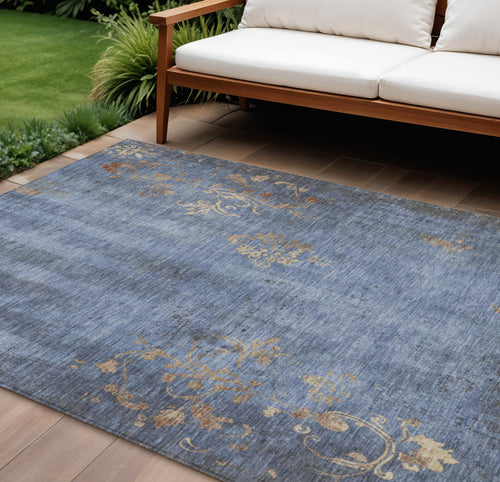 10 X 14 Denim Blue And Beige Floral Washable Indoor Outdoor Area Rug