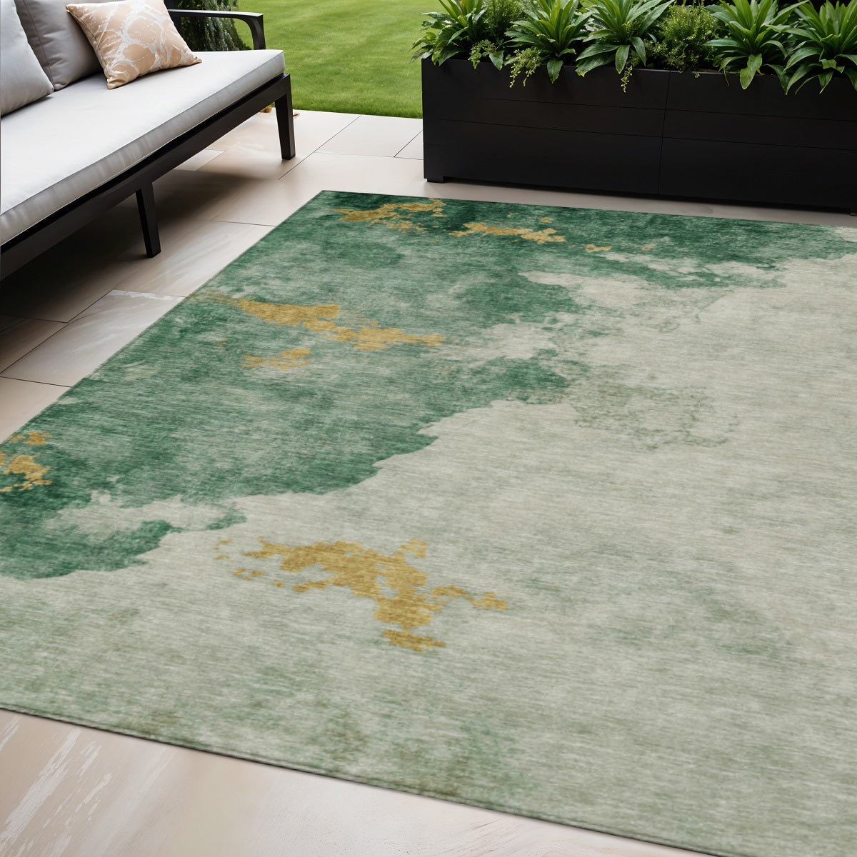 5 X 8 Emerald Sage And Ivory Abstract Washable Indoor Outdoor Area Rug