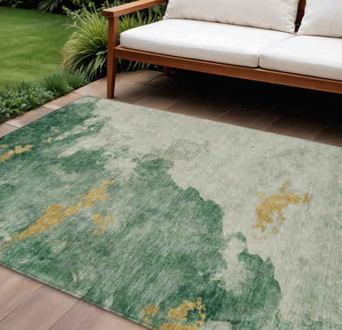 10 X 14 Emerald Sage And Ivory Abstract Washable Indoor Outdoor Area Rug