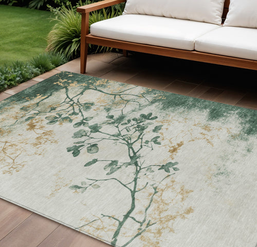 10 X 14 Emerald Ivory And Gold Floral Washable Indoor Outdoor Area Rug