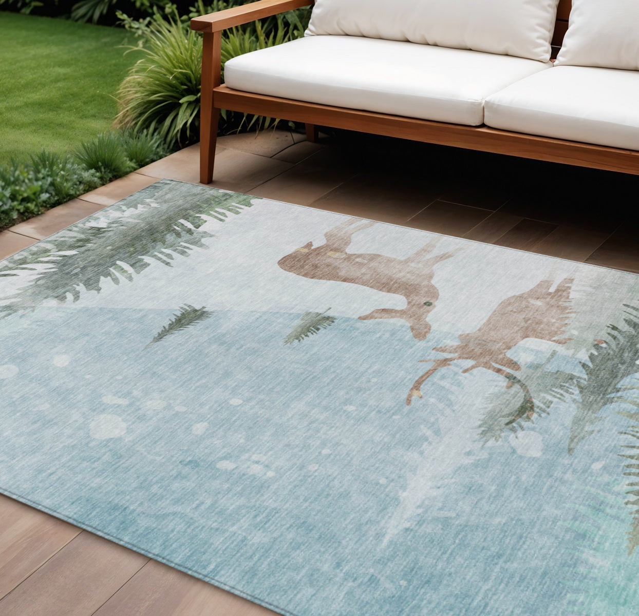 8 X 10 Sky Blue Sage Ivory And Khaki Deer Washable Indoor Outdoor Area Rug