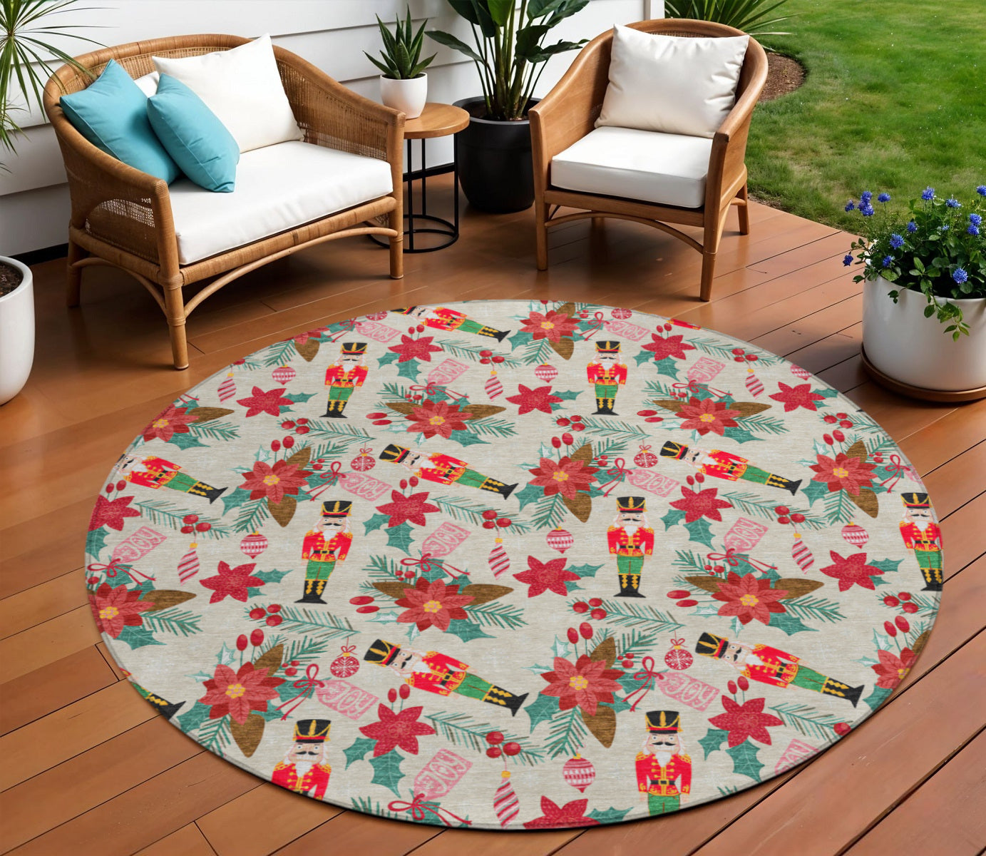 8 Beige Red Black Pink And Brown Round Floral Washable Indoor Outdoor Area Rug