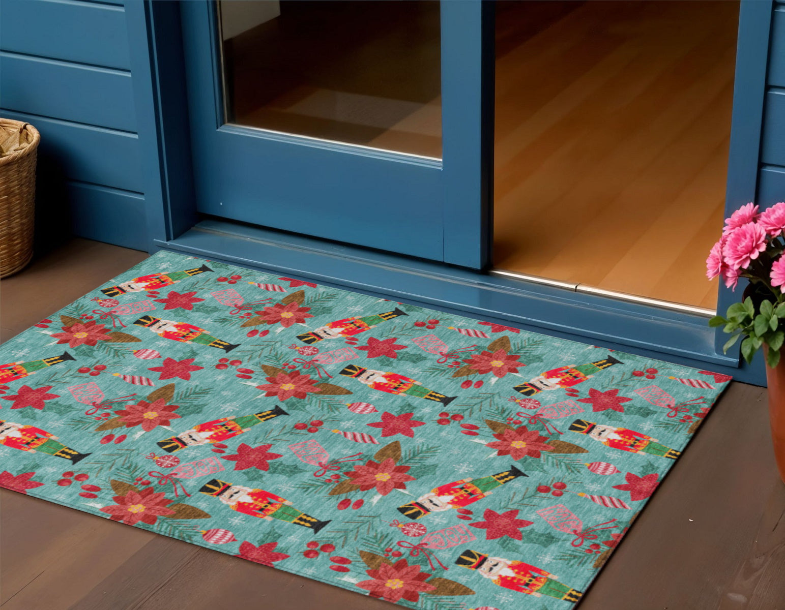 3 X 5 Teal Blue Red Black Pink And Brown Floral Washable Indoor Outdoor Area Rug