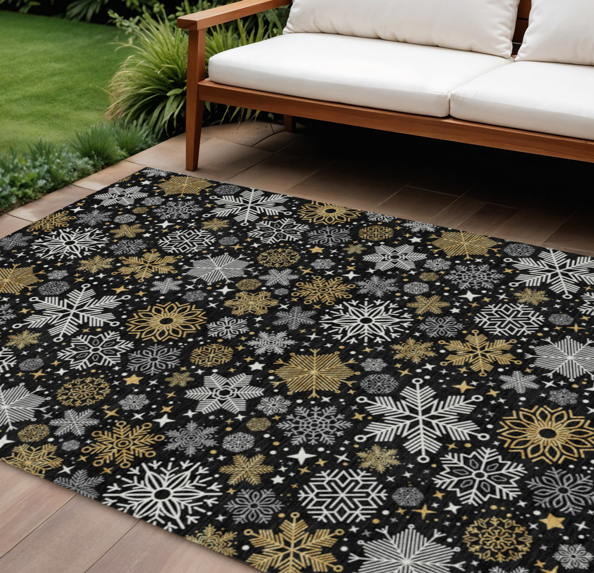 8 X 10 Black Gold And Gray Snowflake Washable Indoor Outdoor Area Rug