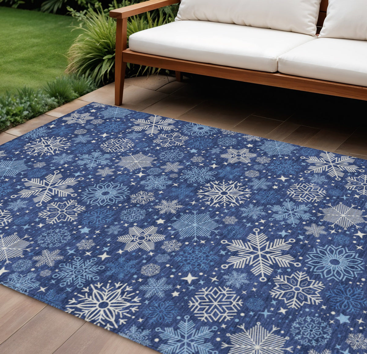 9 X 12 Navy Blue Ivory And Sky Blue Snowflake Washable Indoor Outdoor Area Rug
