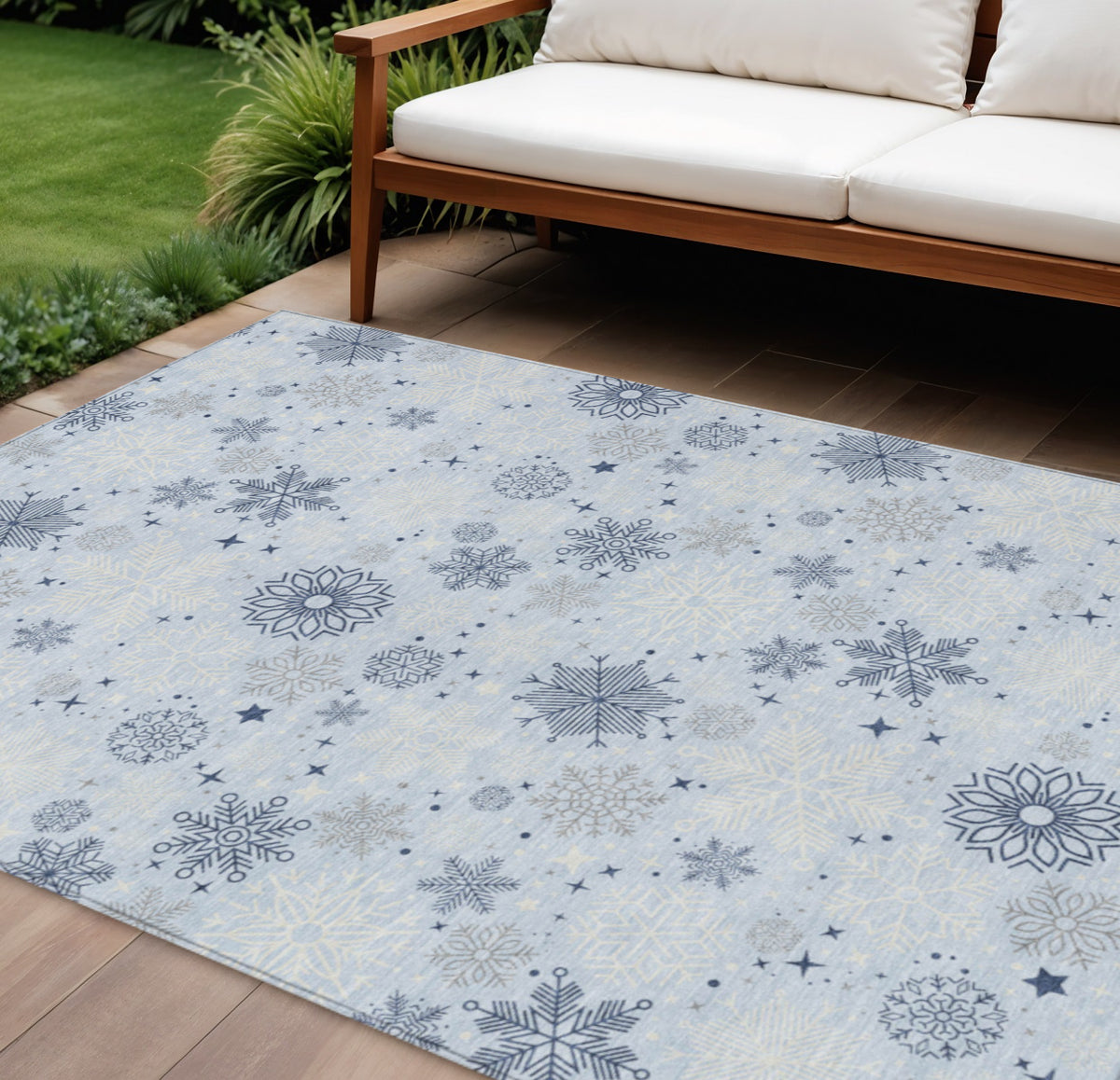 9 X 12 Sky Blue Navy Blue And Ivory Snowflake Washable Indoor Outdoor Area Rug