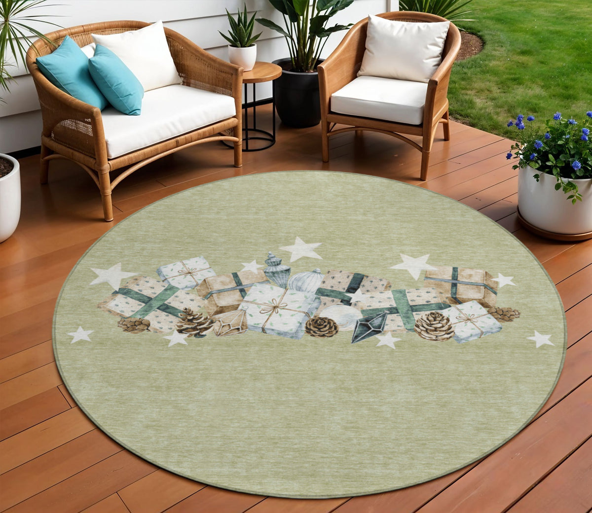 8 Artichoke Green Beige Ivory And Taupe Round Presents Washable Indoor Outdoor Area Rug