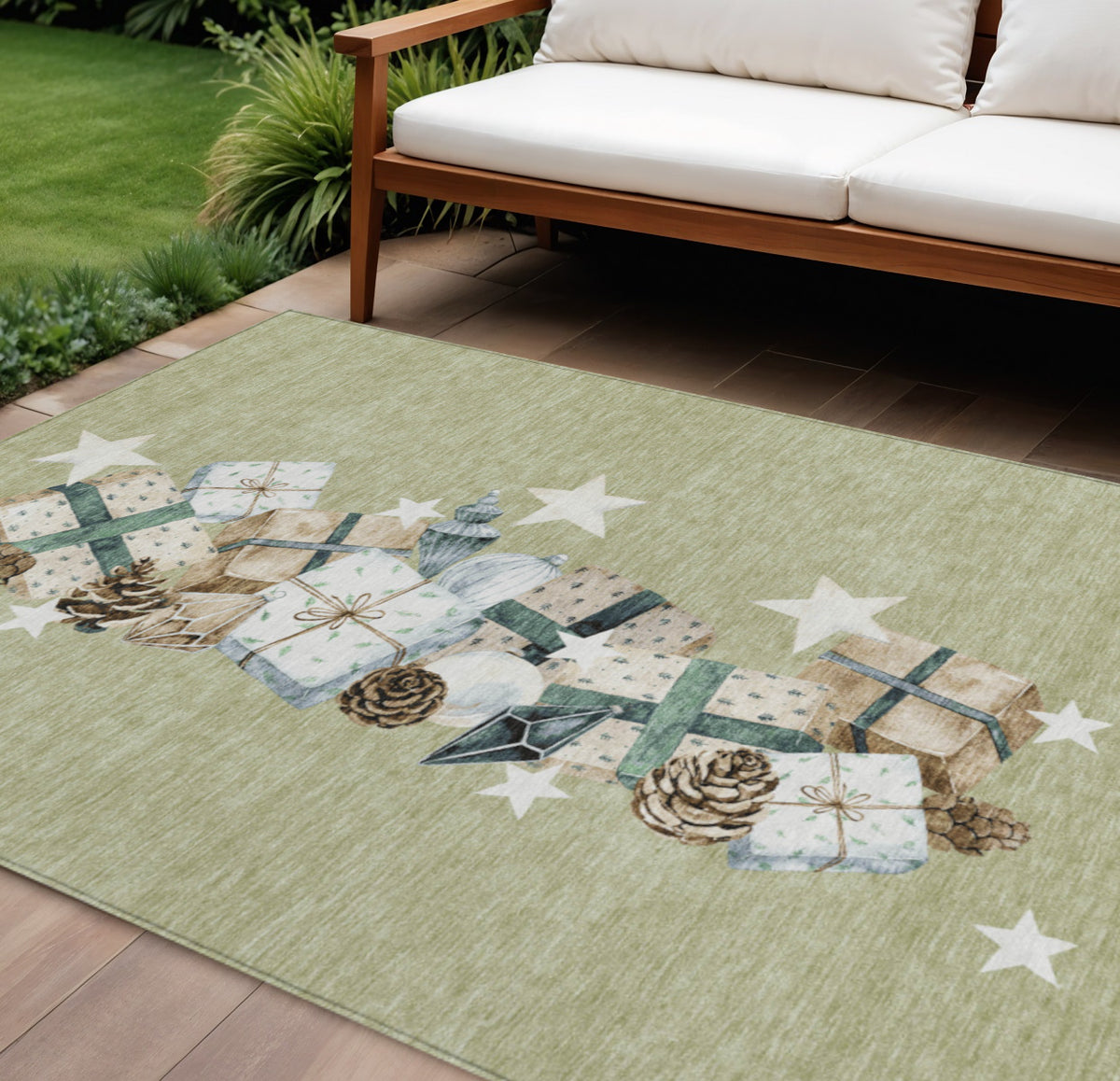 9 X 12 Artichoke Green Beige Ivory And Taupe Presents Washable Indoor Outdoor Area Rug