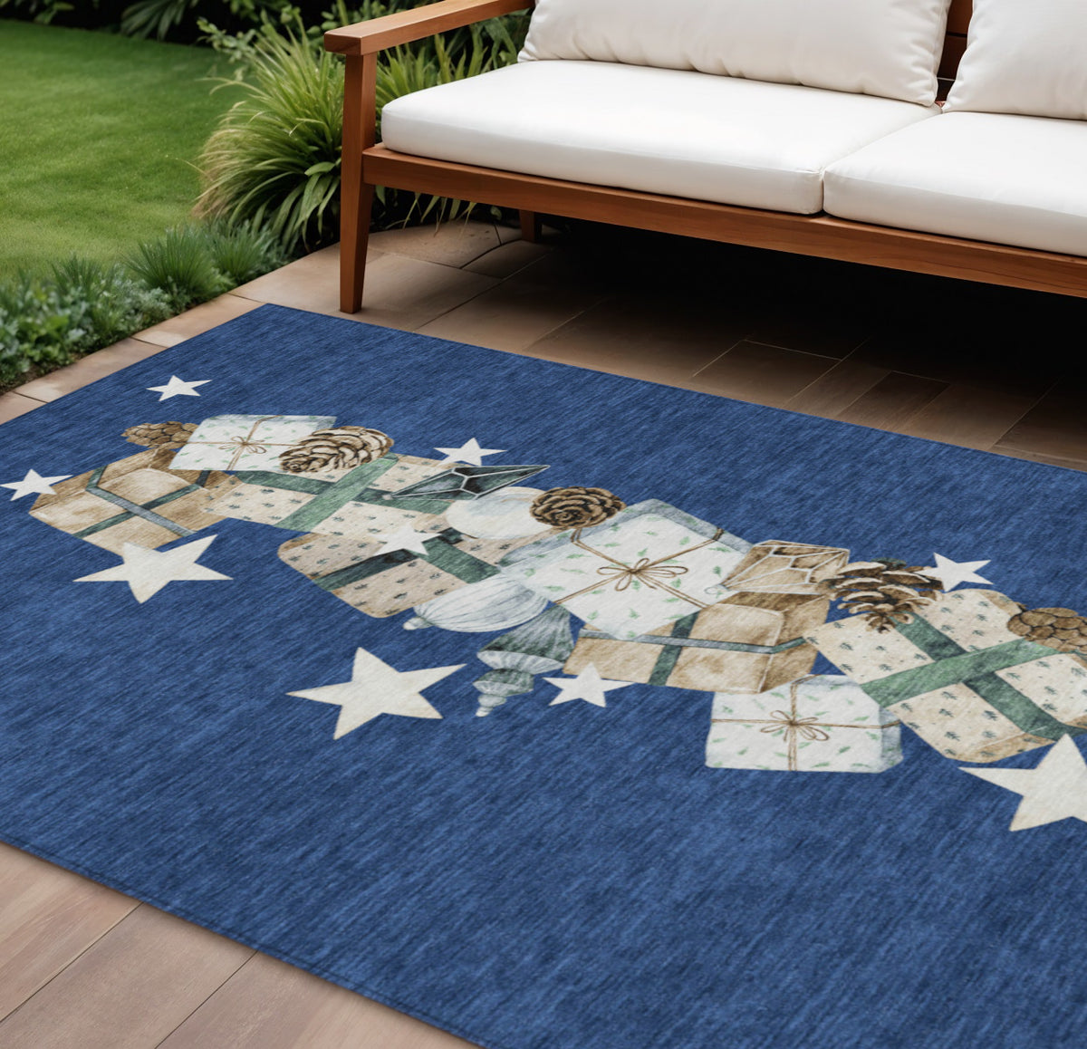 10 X 14 Navy Blue Beige Ivory And Taupe Presents Washable Indoor Outdoor Area Rug