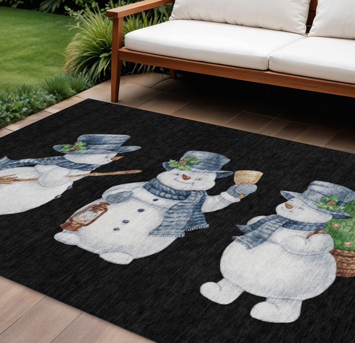 10 X 14 Black Denim Blue And Ivory Snowmen Washable Indoor Outdoor Area Rug