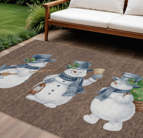 10 X 14 Brown Denim Blue And Ivory Snowmen Washable Indoor Outdoor Area Rug