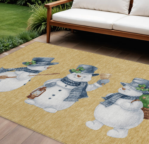 10 X 14 Gold Denim Blue And Ivory Snowmen Washable Indoor Outdoor Area Rug