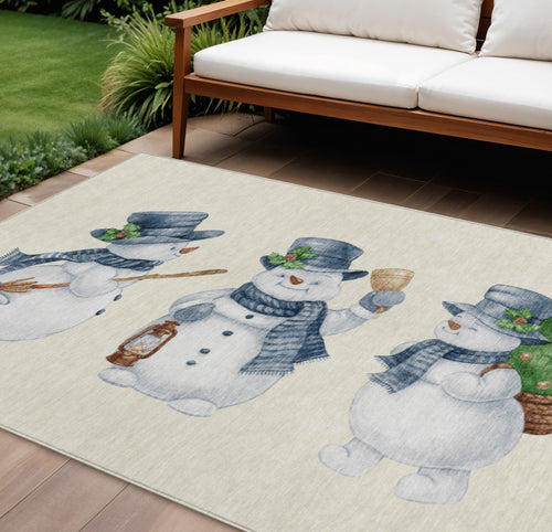 10 X 14 Ivory And Denim Blue Snowmen Washable Indoor Outdoor Area Rug