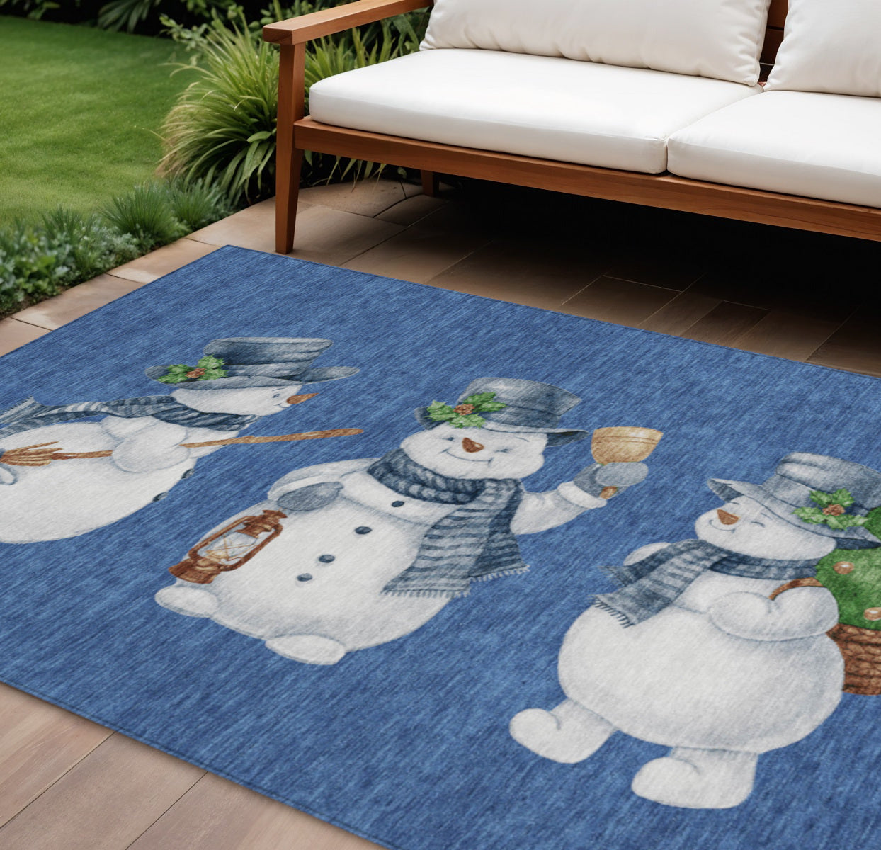 8 X 10 Navy Blue Denim Blue And Ivory Snowmen Washable Indoor Outdoor Area Rug