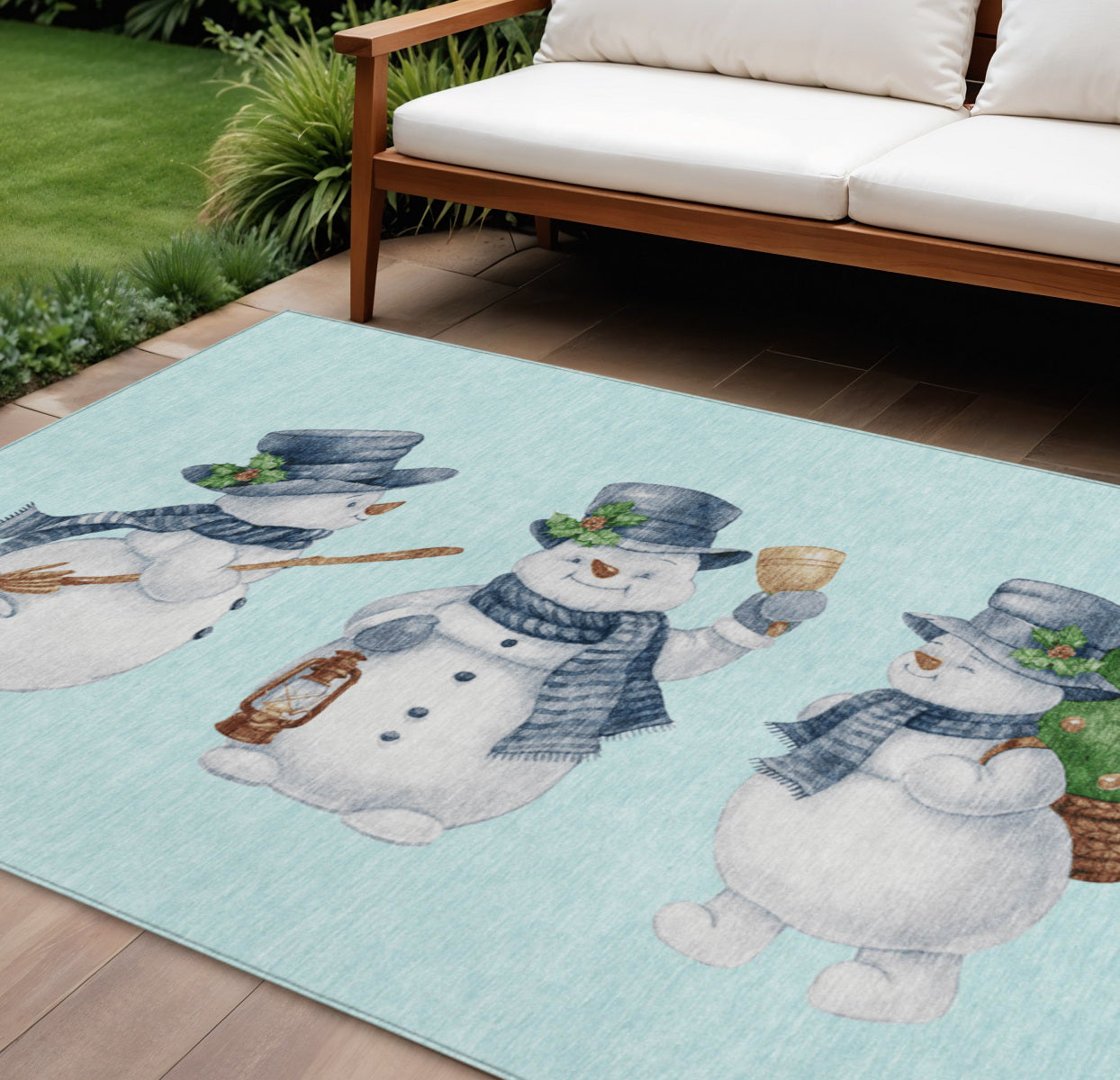 8 X 10 Sky Blue Denim Blue And Ivory Snowmen Washable Indoor Outdoor Area Rug