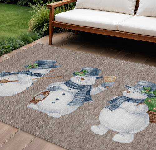 10 X 14 Taupe Denim Blue And Ivory Snowmen Washable Indoor Outdoor Area Rug