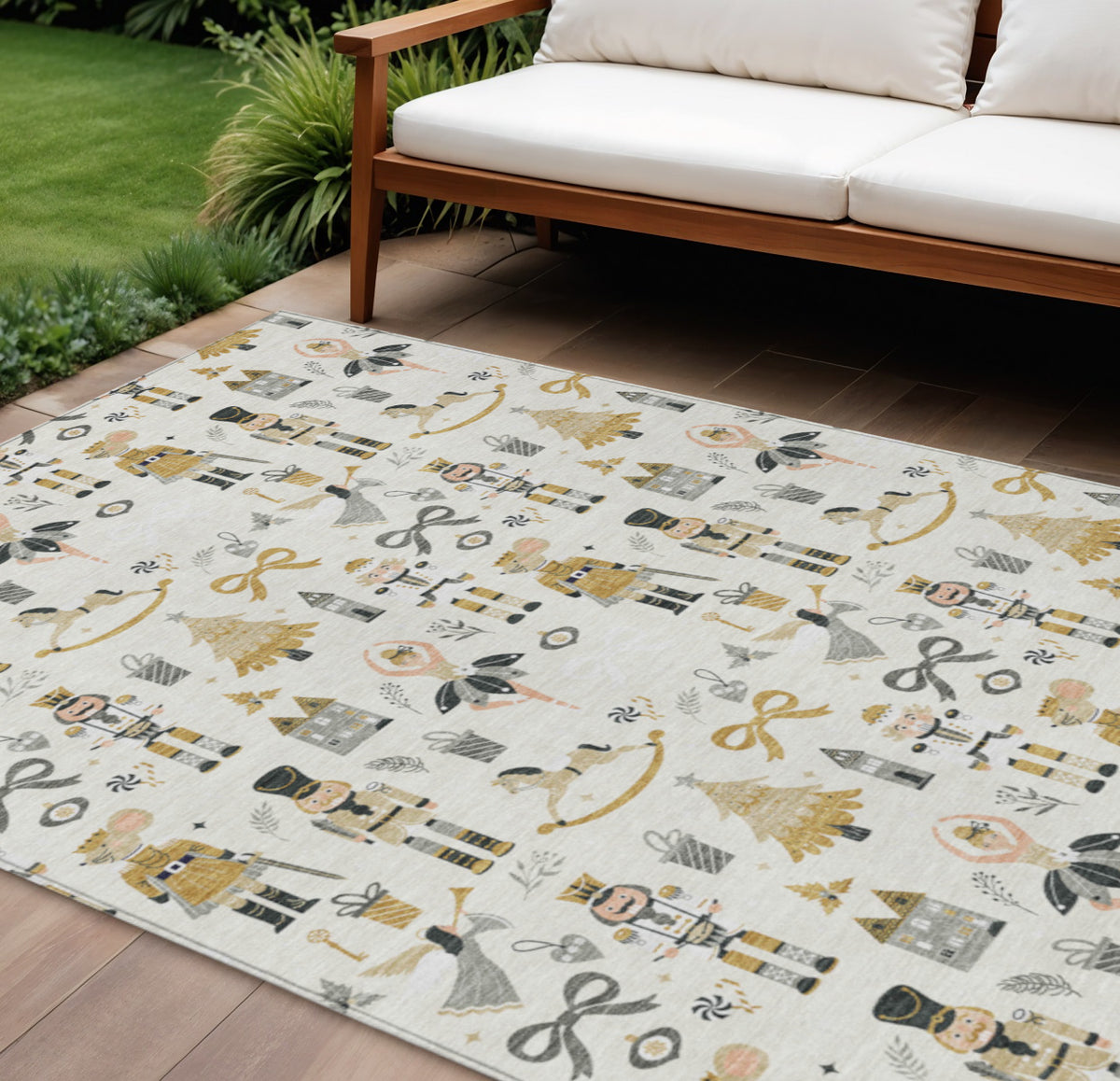 9 X 12 Ivory Gold Black And Gray Nutcracker Washable Indoor Outdoor Area Rug